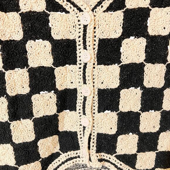 Crochet Checkered Granny Square Sweater Vest Size M Black Boho Festival - Picture 3 of 13